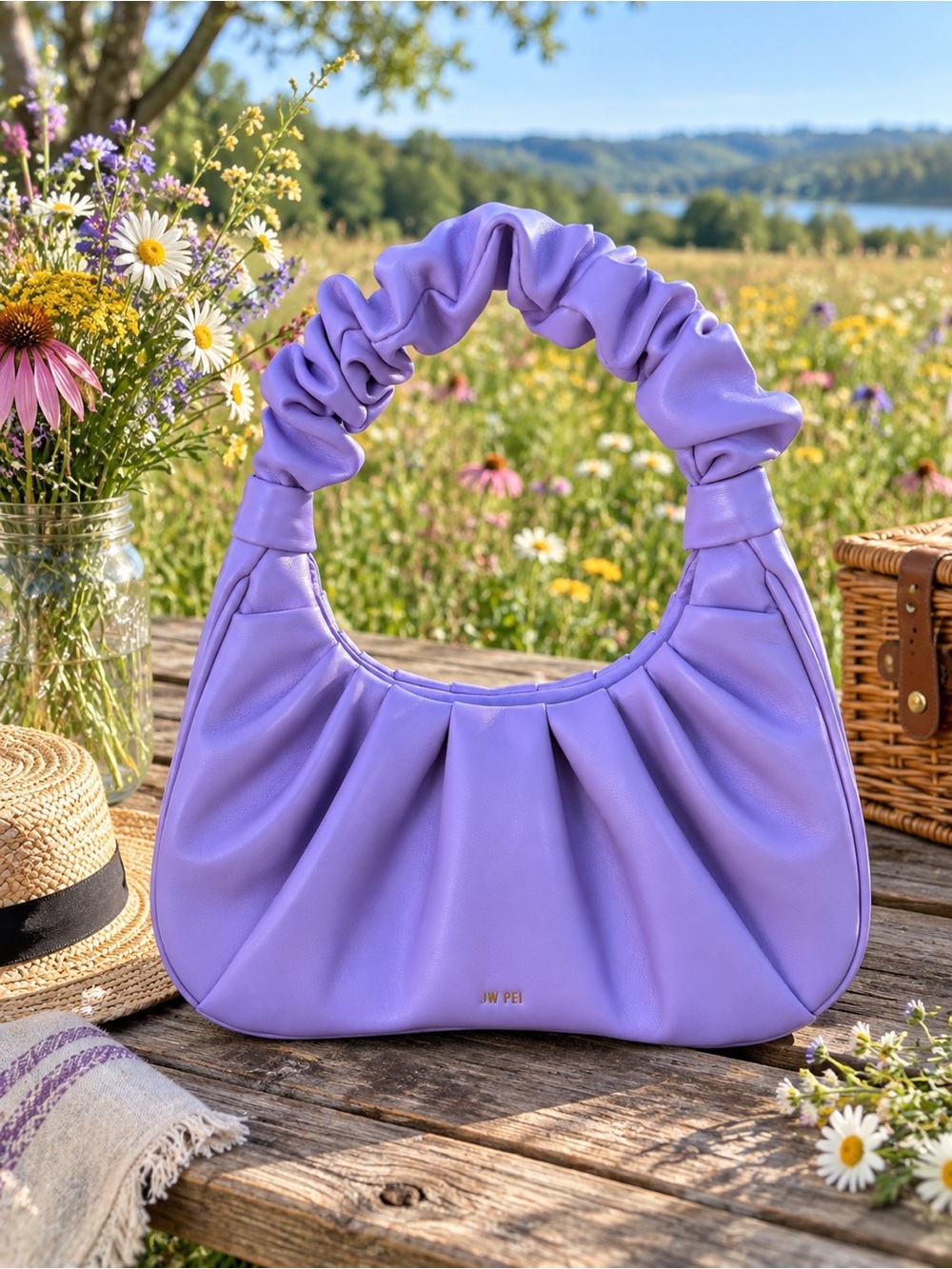 JW PEI Lilac Ruched-Handle Hobo Bag